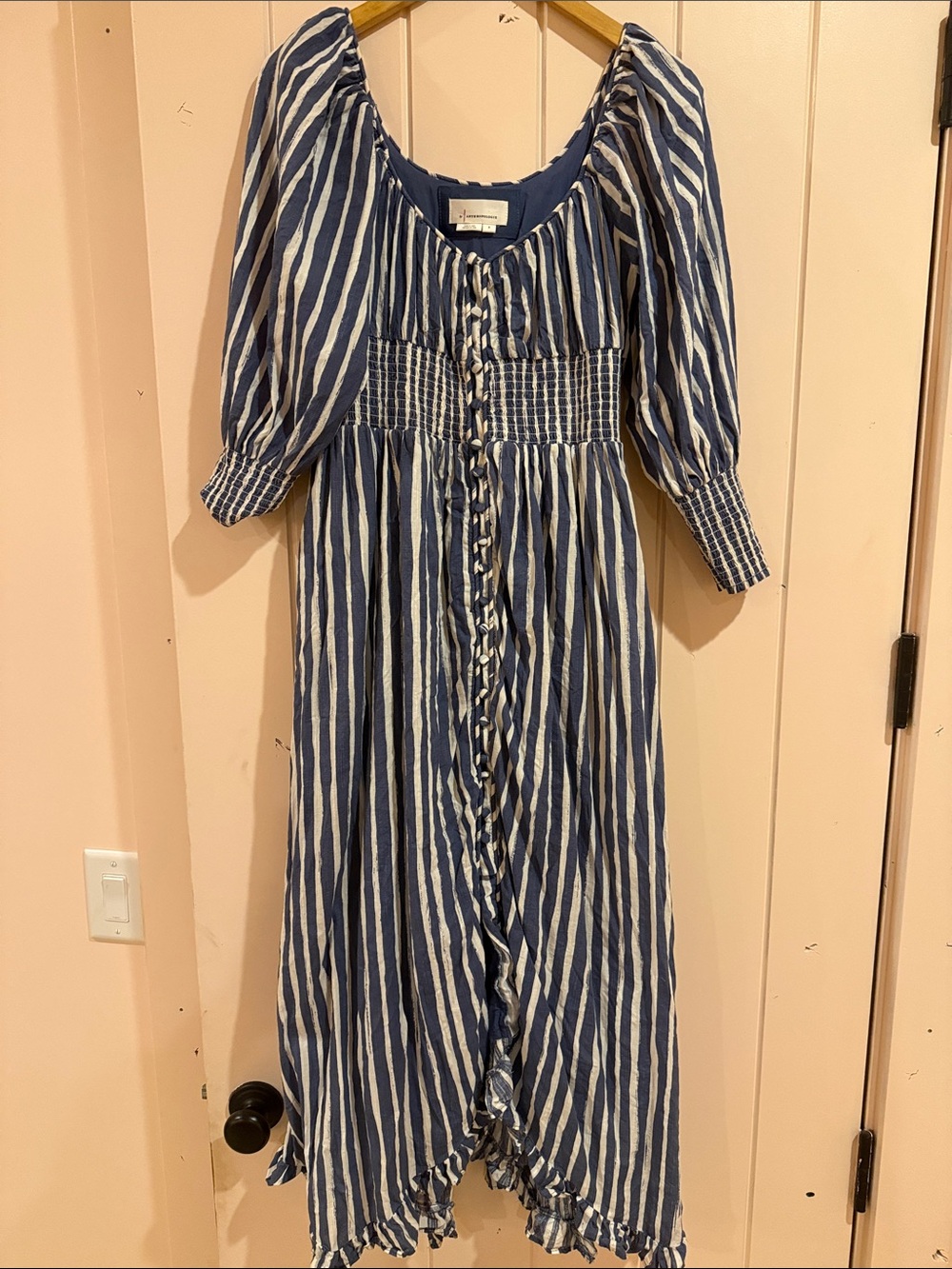 Anthropologie Blue and White Striped Midi Dress with Puff Sleeves